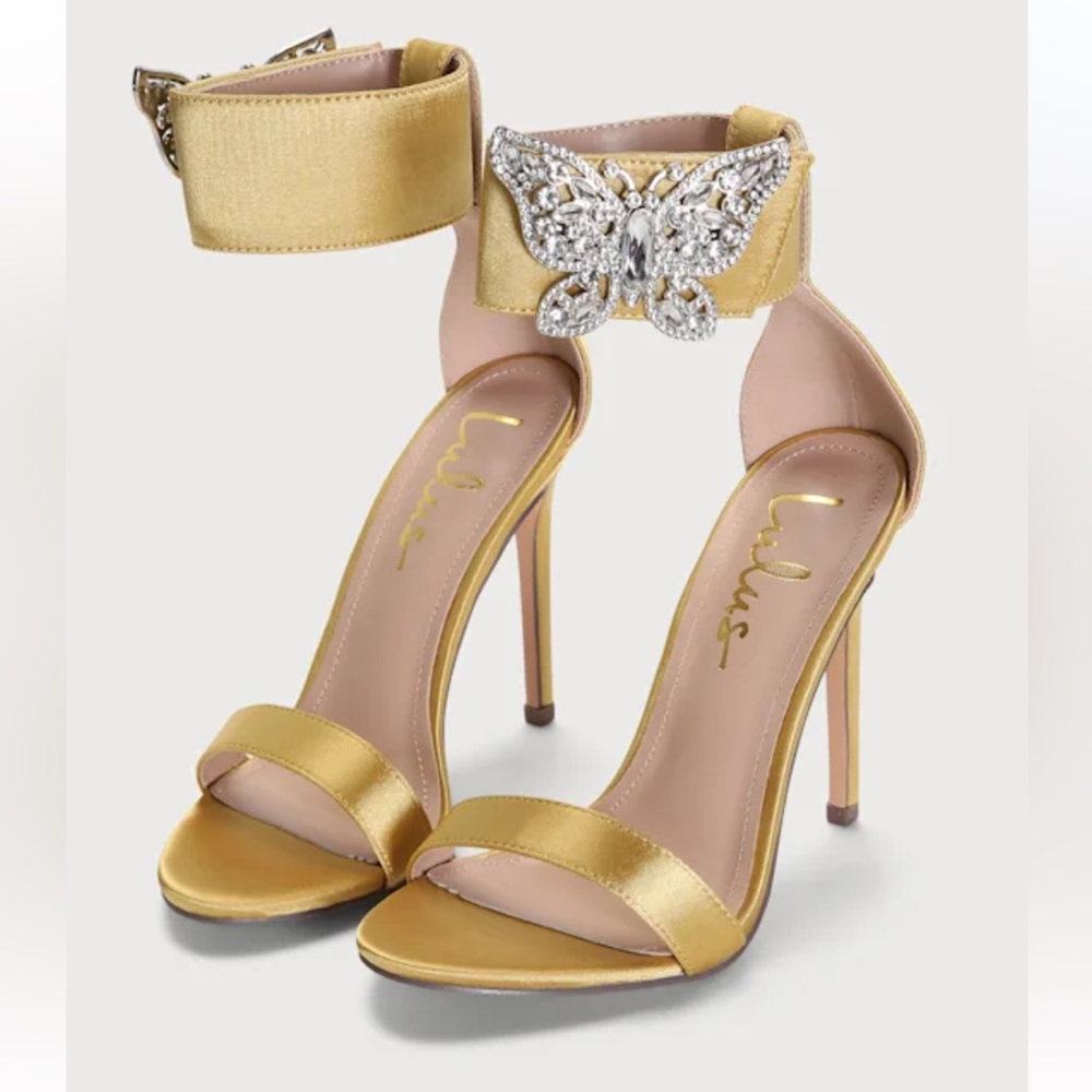 Lulus Mariahh Pear Satin Rhinestone Butterfly Ankle Strap Heels size 6.5 - Picture 3 of 7